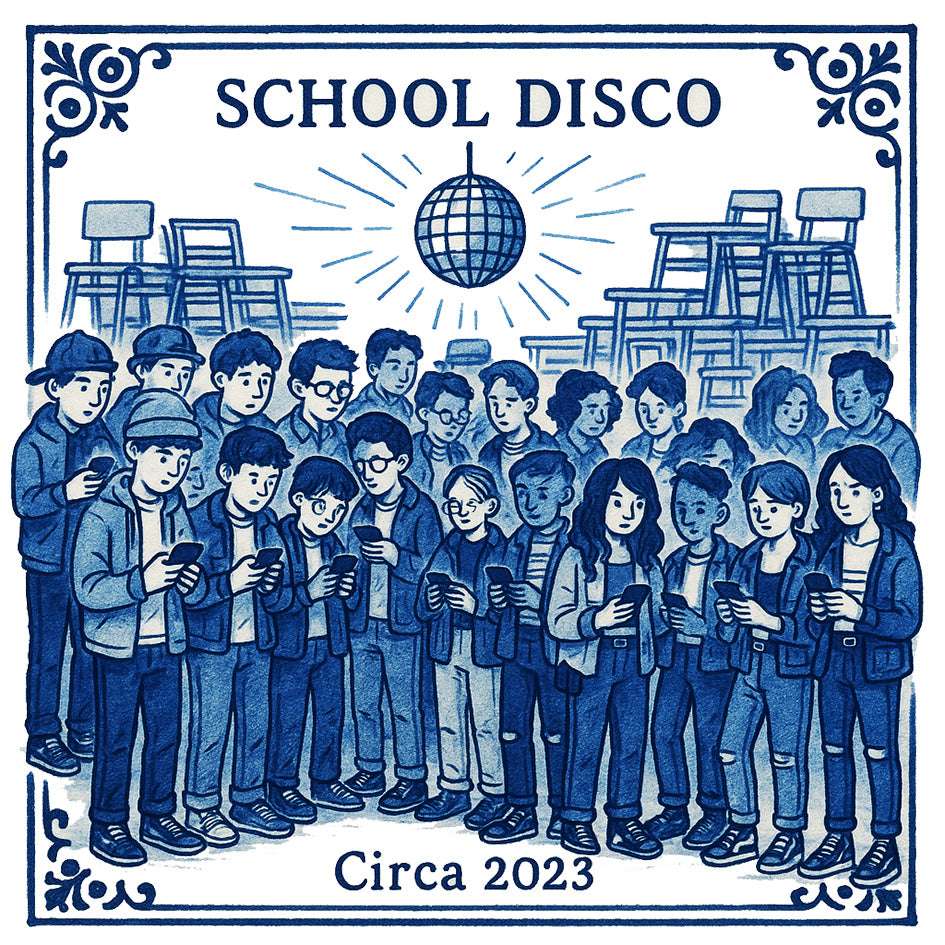 Illustration of a group of people at a school disco with a disco ball and chairs in the background, labeled &