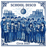 Illustration of a group of people at a school disco with a disco ball and chairs in the background, labeled 'School Disco Circa 2023'.