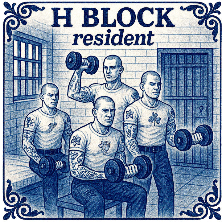 Illustration of four men with tattoos lifting weights in a prison setting, labeled 'H Block resident'.