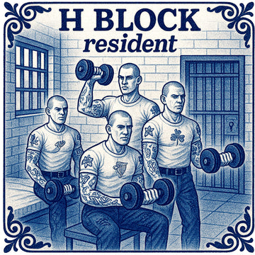 Illustration of four men with tattoos lifting weights in a prison setting, labeled 'H Block resident'.